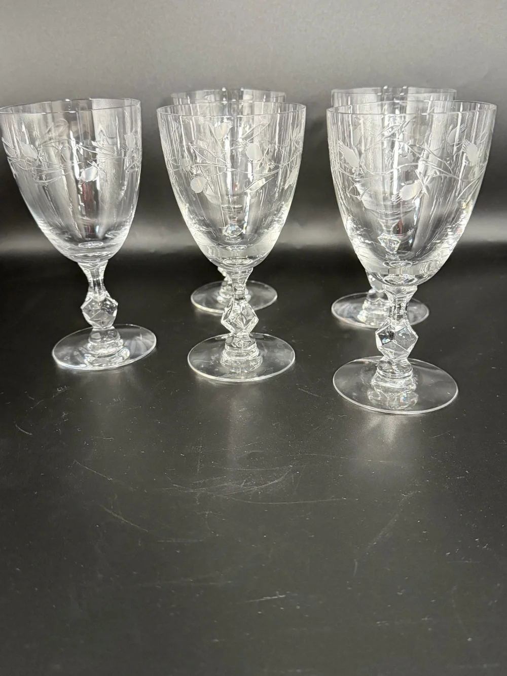 Vintage Etched Crystal Water Goblets  Faceted Stem Set of 5